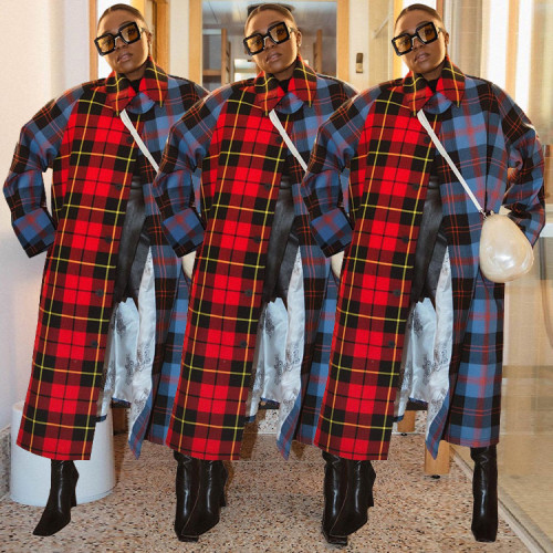 Autumn and winter cotton blended women's fashion temperament commuter red and blue mixed plaid trench coat