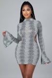 Women's 2021 autumn and winter print lace-up flared sleeve dress