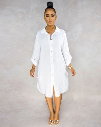 Fall loose casual cotton and linen solid color shirt dress