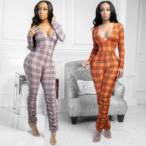 Autumn and winter women's classic plaid wrinkle jumpsuit