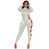 Fall women's solid color hole-burning sexy commuter round neck long-sleeved cotton blended jumpsuit