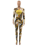 Autumn and winter slim T-shirt long-sleeved yellow temperament commuter fashion temperament casual printed cotton blended jumpsuit