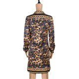 Autumn women's fashion casual leopard print positioning printing long-sleeved one-piece shirt long shirt