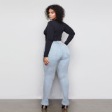 Fall/winter women's wear high-waist slim-fit side slit denim trousers