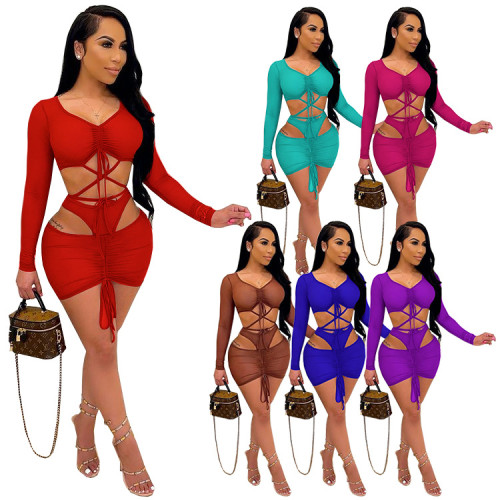 Women's Wrapped Chest Tie Rope V-neck Sexy Fashion Cotton Blended Three-piece Set Women