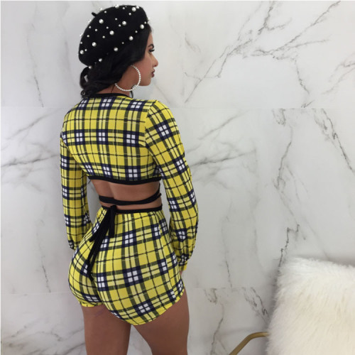 2021 autumn and winter sexy strappy plaid long-sleeved two-piece suit