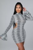 Women's 2021 autumn and winter print lace-up flared sleeve dress