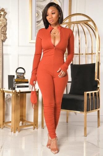 Autumn and winter 2021 new solid color zipper Jumpsuit