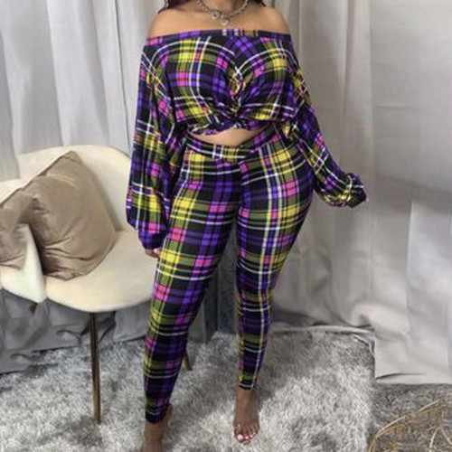 2021 autumn winter sexy Plaid loose long sleeve two piece set large women's wear