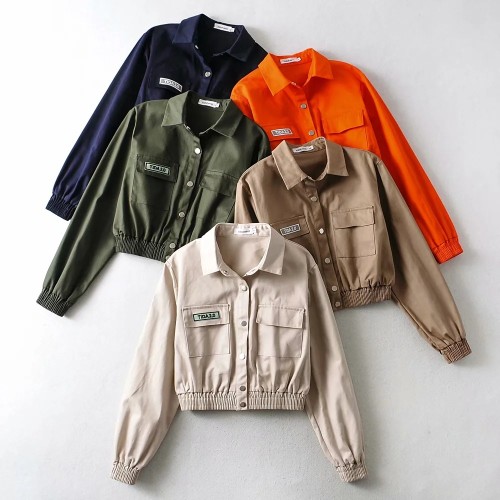 2021 autumn new fashion letter label personalized jacket jacket women's single-breasted lapel cotton blended jacket trend