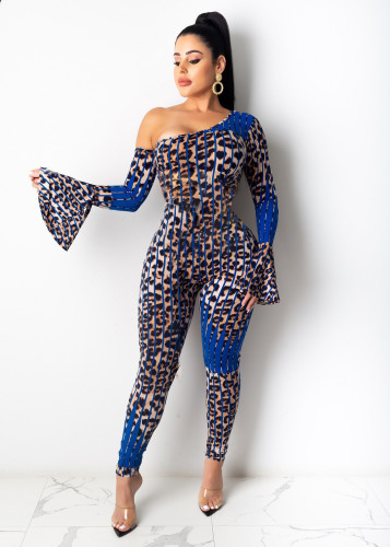 Autumn 2021 one shoulder flare sleeve leopard color matching Jumpsuit
