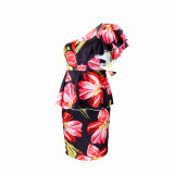 Flower print fungus side ruffled one-piece dress gown