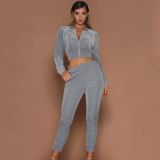 2021 autumn and winter new women's casual velvet cropped zipper top tight pants suit