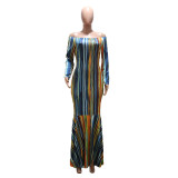 One-shoulder dress 2021 autumn sexy striped print sleeveless slim long fishtail skirt women