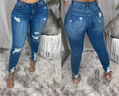 Fall/winter ripped stretch denim pants slim pants women's jeans