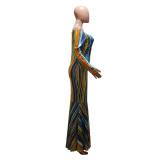 One-shoulder dress 2021 autumn sexy striped print sleeveless slim long fishtail skirt women
