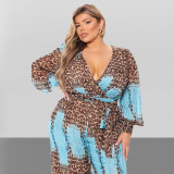 Autumn and winter plus size V-neck chiffon jumpsuit 2021 leopard print fashion sexy long style with belt