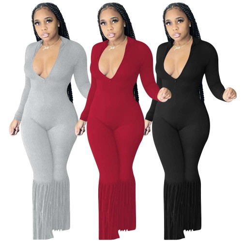 Solid color open chest sexy invisible zipper tassel jumpsuit
