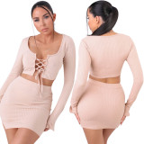 Women's lace-up long-sleeved sexy blouse with split buttocks miniskirt autumn two-piece suit