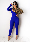 Autumn cotton blended women's clothing open chest zipper leopard print color-blocking jumpsuit