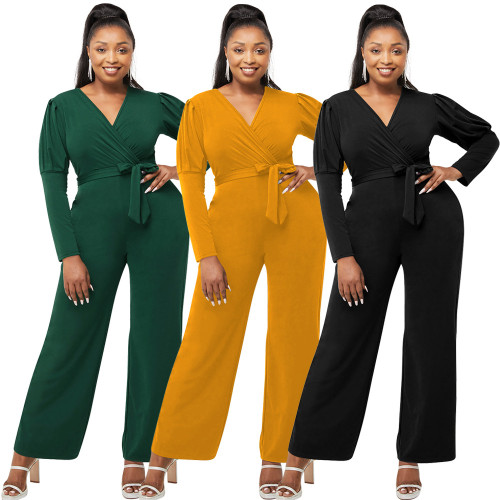 2021 Solid Color V-neck Puff Sleeve Bowknot Belt Sexy Hip Lifting Jumpsuit