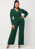2021 Solid Color V-neck Puff Sleeve Bowknot Belt Sexy Hip Lifting Jumpsuit