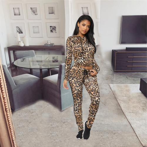 2021 autumn Leopard Print Long Sleeve fashion sports home two-piece set