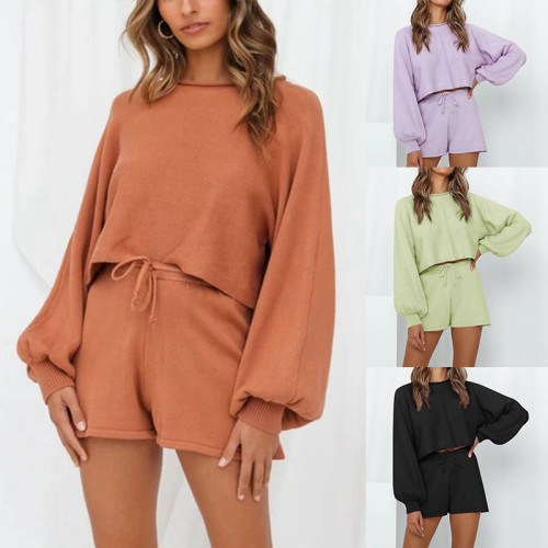 2021 autumn and winter new leisure home lantern long-sleeved + shorts core-spun sweater suit women