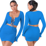 Women's lace-up long-sleeved sexy blouse with split buttocks miniskirt autumn two-piece suit