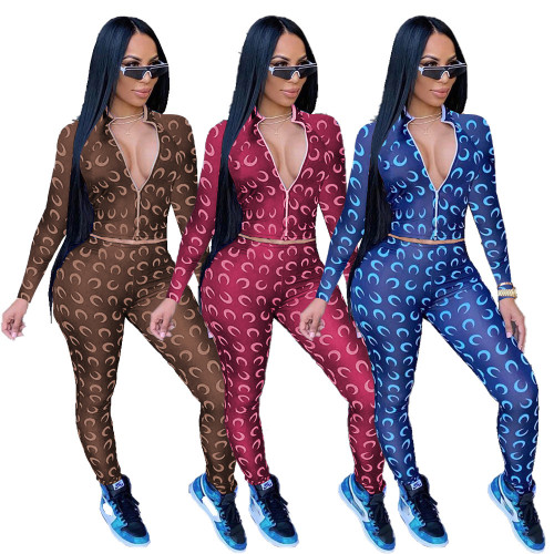 Autumn and winter women's clothing multicolor printing zipper sports leisure suit