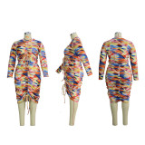 Plus size women's 2021 autumn new fashion bag skirt suit irregular printing personality pleated skirt