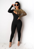 Autumn cotton blended women's clothing open chest zipper leopard print color-blocking jumpsuit