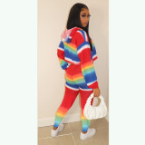 Autumn and winter women's rainbow strip printing long-sleeved hooded casual cotton blended two-piece suit
