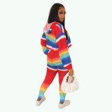 Autumn and winter women's rainbow strip printing long-sleeved hooded casual cotton blended two-piece suit