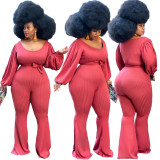 Autumn fashion plus size women's clothing solid color puff sleeve lace-up horn jumpsuit