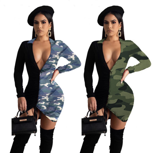 Autumn hot sale color matching stretch sexy deep V-neck camouflage dress