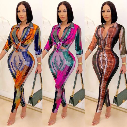 Fashion digital printing V-neck long-sleeved trousers two-piece suit