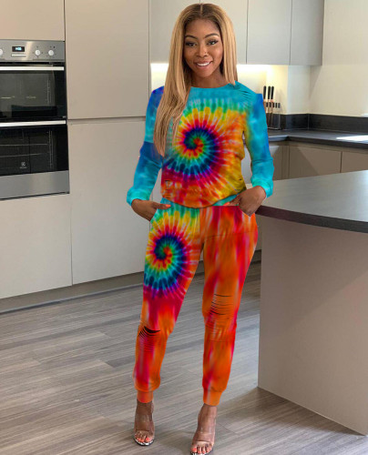 Autumn women's tie-dye positioning printing casual burnt two-piece set