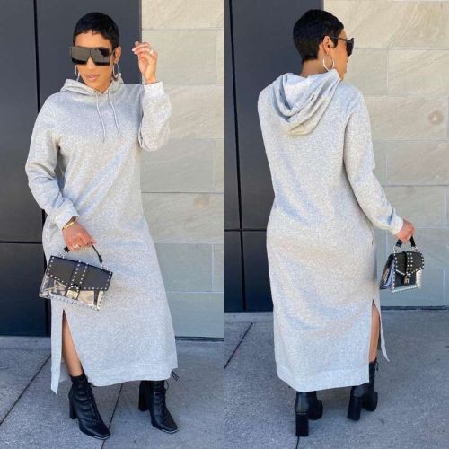 Autumn and winter women's clothing fashion solid color hooded split dress cotton blended long skirt