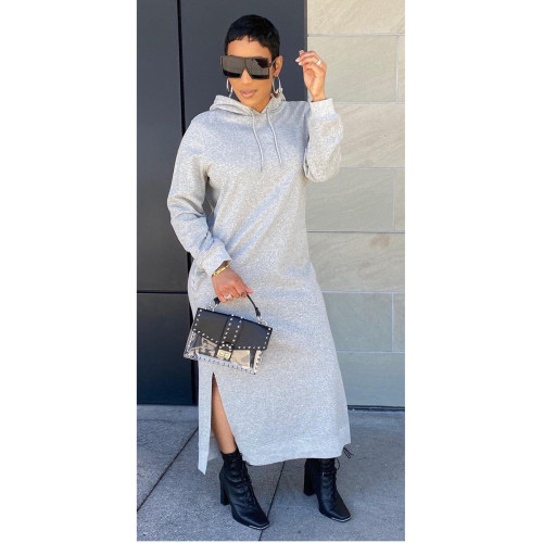 Autumn and winter women's clothing fashion solid color hooded split dress cotton blended long skirt