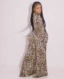 Leopard print autumn and winter open-chested top + loose wide-leg pants two-piece