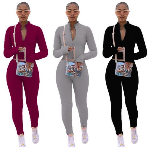 Autumn and winter fashion casual women's wear stand-up collar high waist tight-fitting cotton blended two-piece suit
