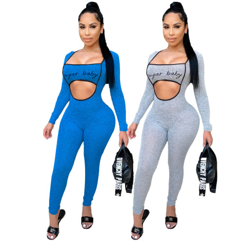 Autumn women's clothing sexy hollow one-piece letter printing nightclub body-sculpting cotton blended jumpsuit