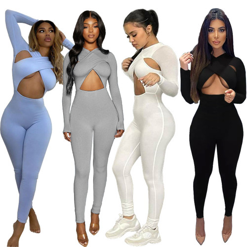 Fall fashion casual women's solid color sexy cross cutout jumpsuit