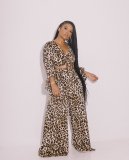 Leopard print autumn and winter open-chested top + loose wide-leg pants two-piece