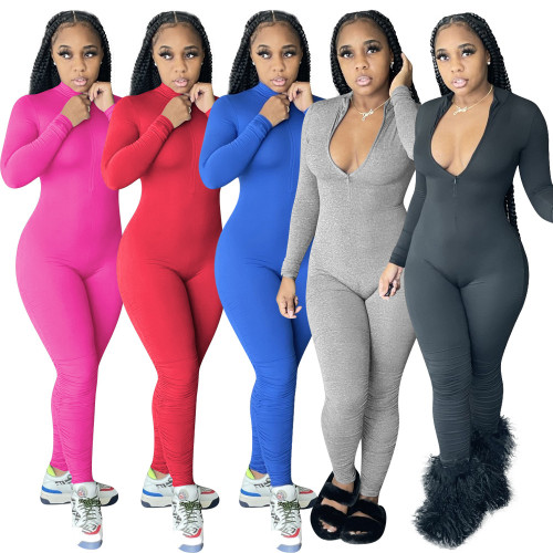 Fall solid color sexy invisible zipper calf pleated jumpsuit