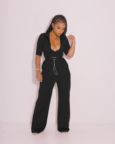 Casual sports tight-fitting wide-leg zipper two-piece suit