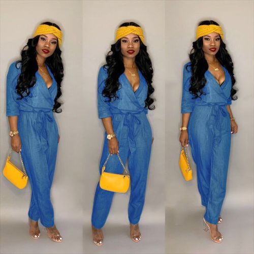 Fall women's solid color healthy denim sexy V-neck jumpsuit