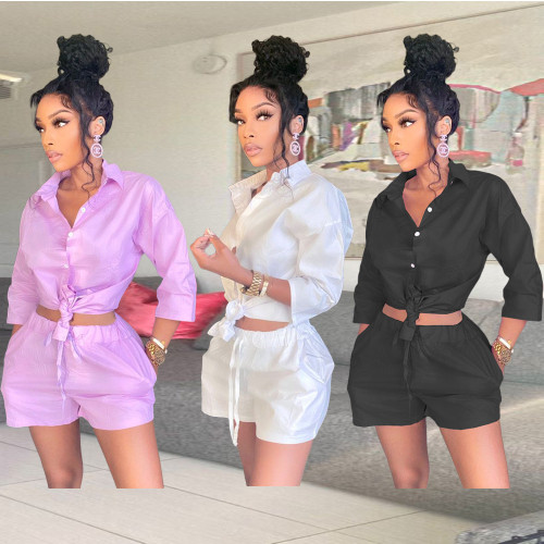 Casual 5-point sleeves small waist solid color shirt shorts two-piece suit