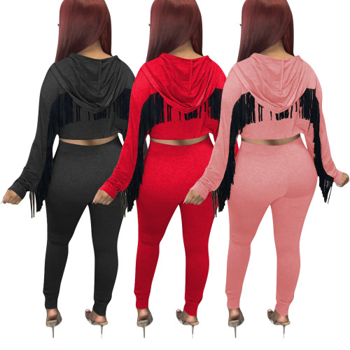 Two-piece cotton hooded sports trousers suit with tassels and wings on the back